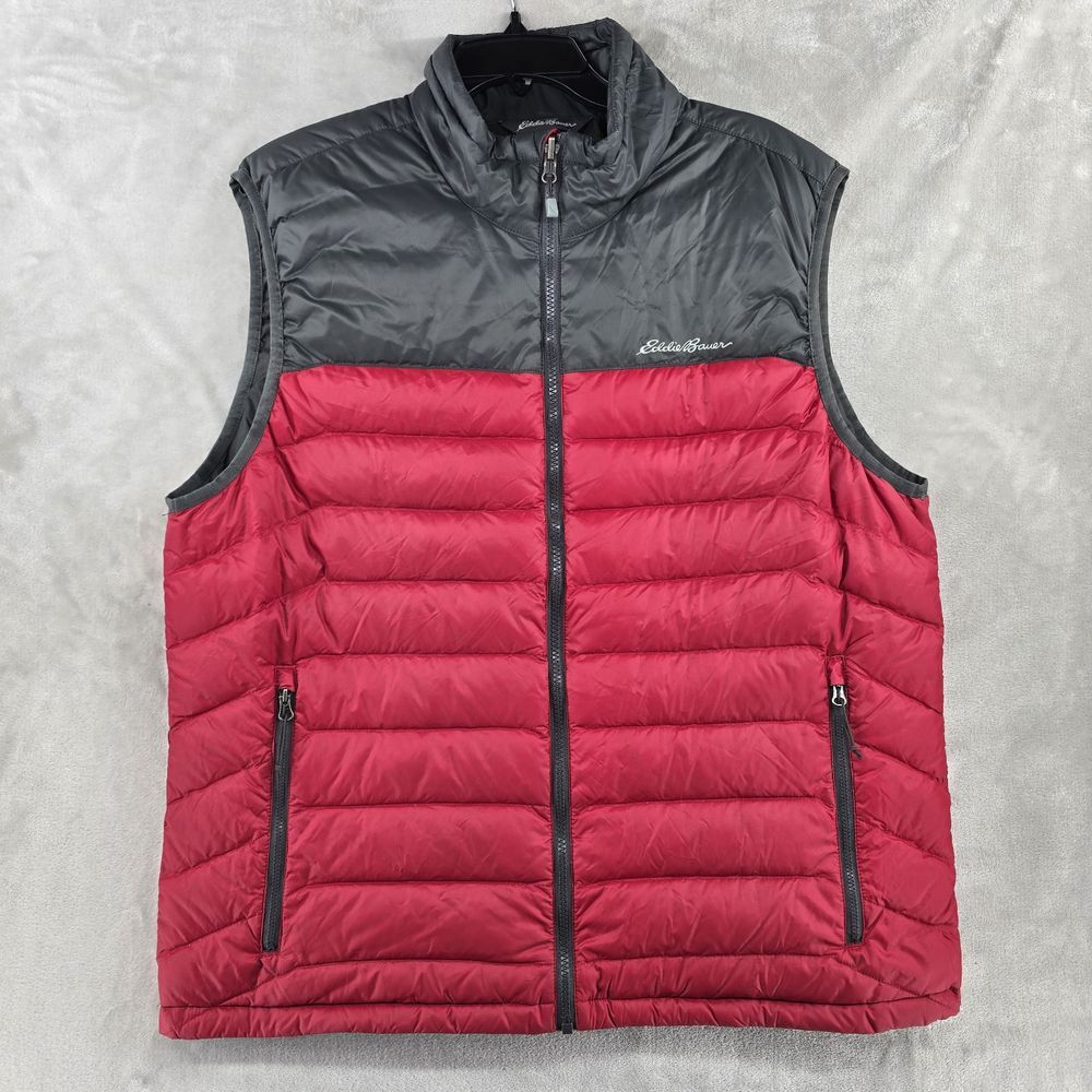 Eddie Bauer Jacket Vest Mens LARGE Red Puffer Down Full Zip Outdoor Hiking Camp